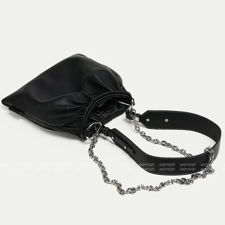 Ruched Shoulder Bag Chain Handbags Soft PU Leather Crossbody Totes