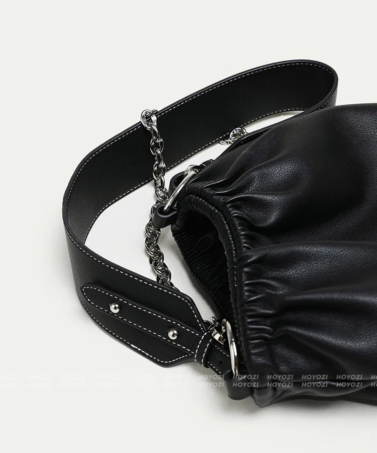 Ruched Shoulder Bag Chain Handbags Soft PU Leather Crossbody Totes
