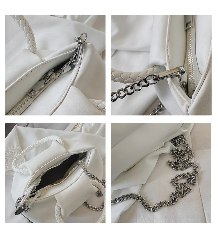 Ruched Woven Rope Handle Bag Cloud Shoulder Messenger PU Leather Handbag