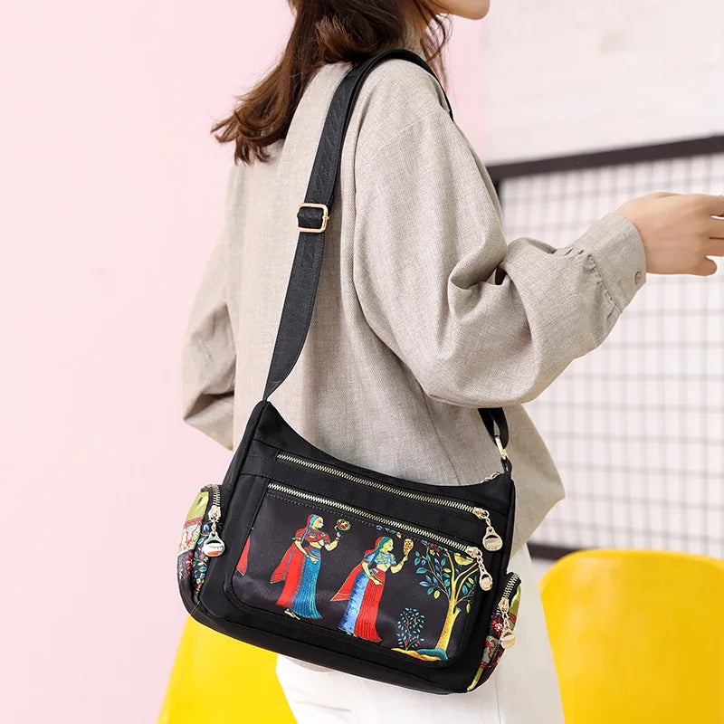 Vintage Floral Crossbody Bag Waterproof Nylon Messenger Bag