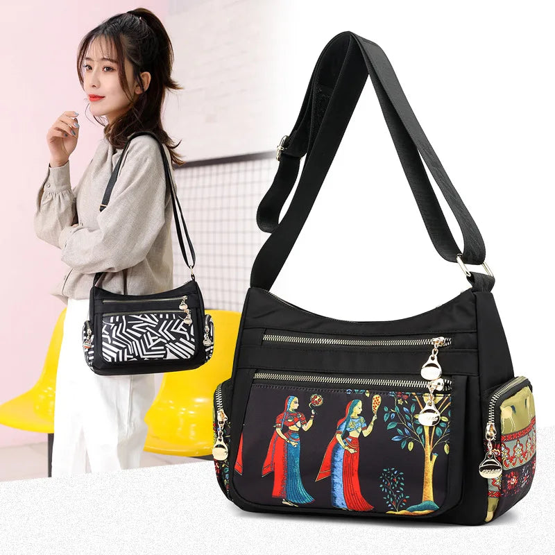Vintage Floral Crossbody Bag Waterproof Nylon Messenger Bag