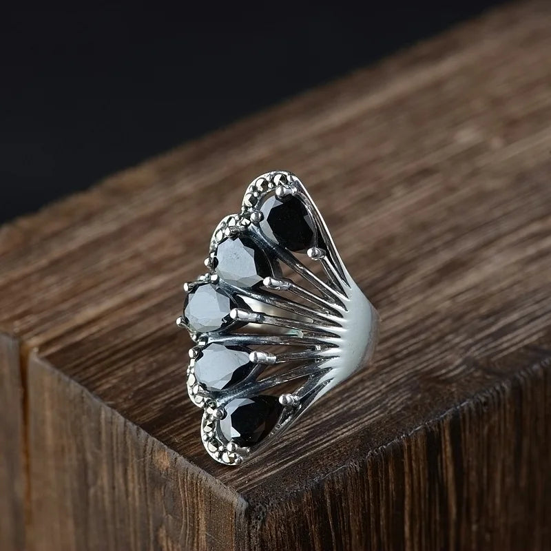 S925 Silver Vintage Style Zircon Inlay Ring for Women
