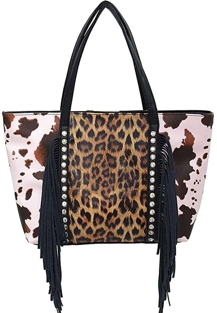 Leopard Tote Bag with Tassel - Large Capacity Cow Print Handbag for Women