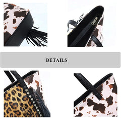 Leopard Tote Bag with Tassel - Large Capacity Cow Print Handbag for Women