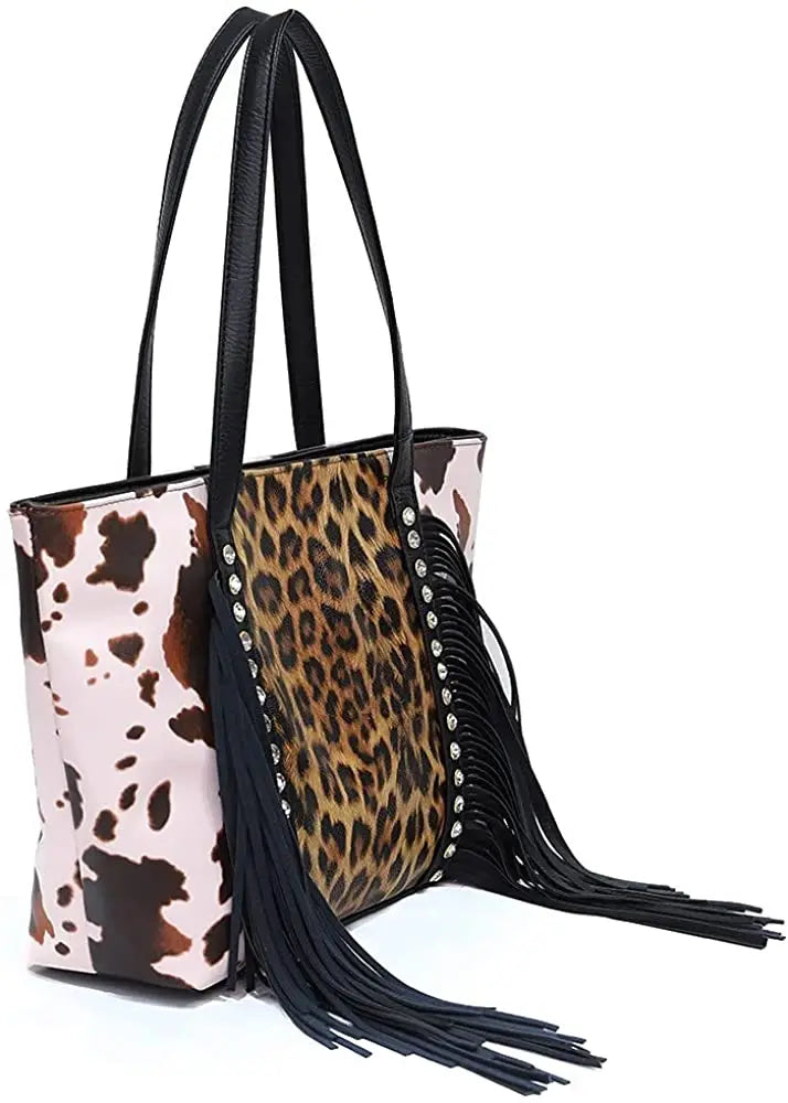 Leopard Tote Bag with Tassel - Large Capacity Cow Print Handbag for Women