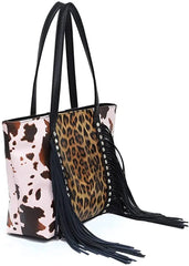 Leopard Tote Bag with Tassel - Large Capacity Cow Print Handbag for Women