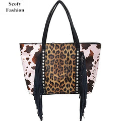 Leopard Tote Bag with Tassel - Large Capacity Cow Print Handbag for Women
