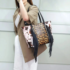 Leopard Tote Bag with Tassel - Large Capacity Cow Print Handbag for Women