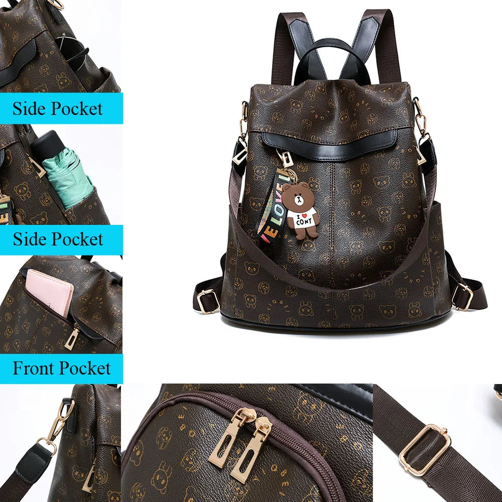 SCOFY Panda Print Anti-theft School Backpack PU Leather Bookbag
