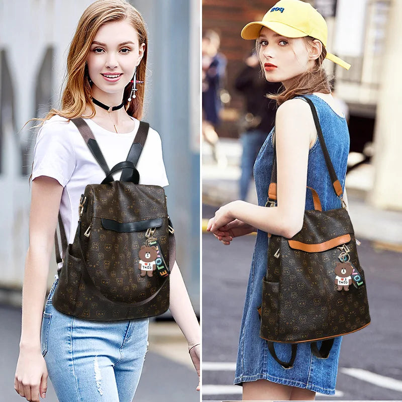 SCOFY Panda Print Anti-theft School Backpack PU Leather Bookbag