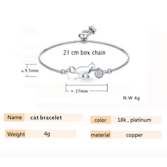 Zircon Cat Ball Chain Bracelet Silver Adjustable Party Jewelry