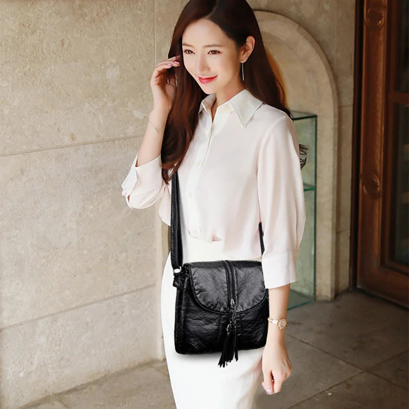 Tassels Crossbody Bag Soft Leather Purses And Handbag Women Shoulder Messenger B