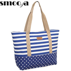 Striped Canvas Handbag Casual Shoulder Shopping Beach Bag Zip