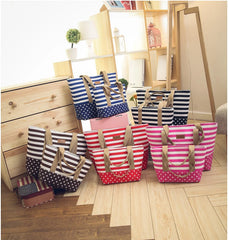 Striped Canvas Handbag Casual Shoulder Shopping Beach Bag Zip