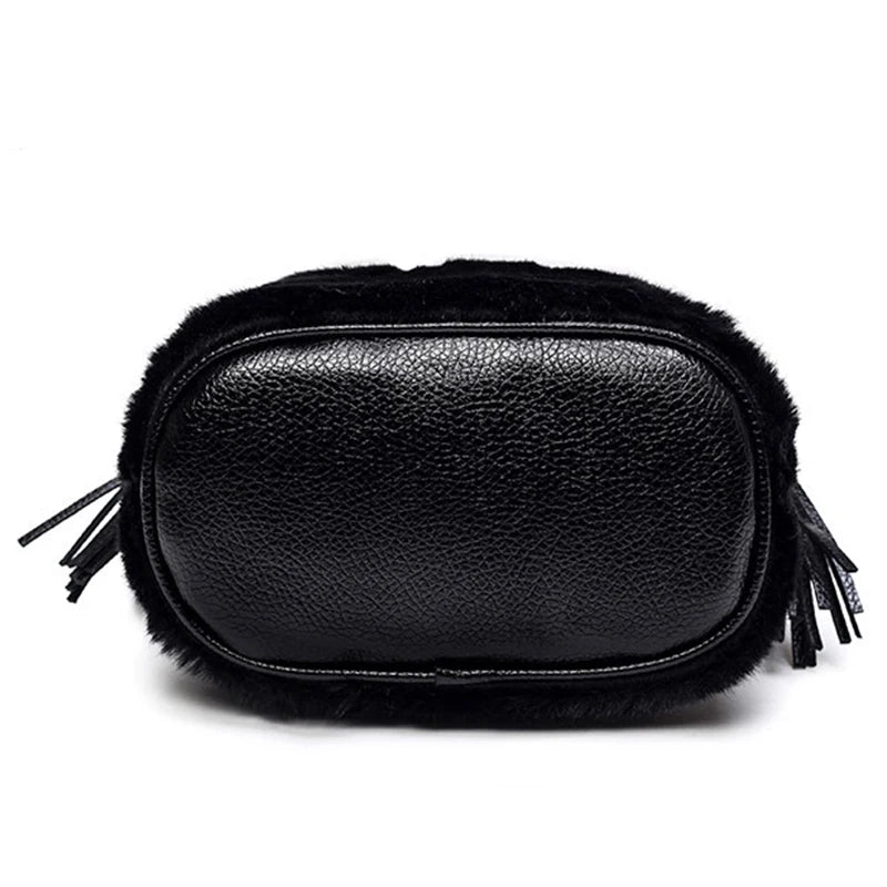 Leopard Fur Bucket Bag Women Handbag with Fur Ball