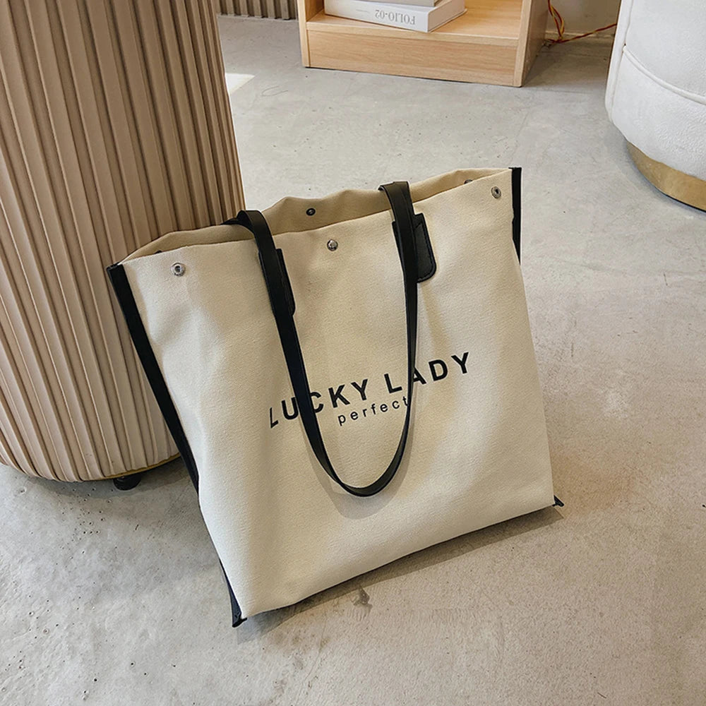 Letter Graphic Shoulder Tote Bag Female Canvas Shopping Bag