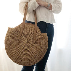 Round Straw Beach Bag Vintage Woven Raffia Circle Rattan Bag