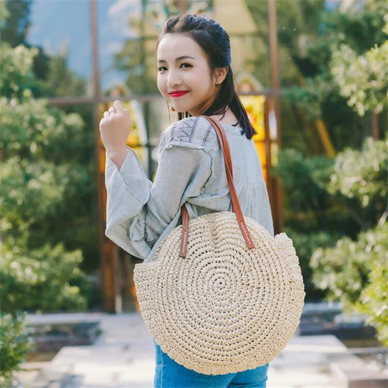 Round Straw Beach Bag Vintage Woven Raffia Circle Rattan Bag