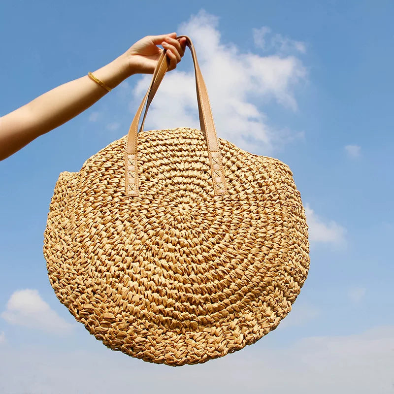 Round Straw Beach Bag Vintage Woven Raffia Circle Rattan Bag