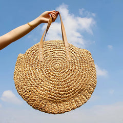 Round Straw Beach Bag Vintage Woven Raffia Circle Rattan Bag