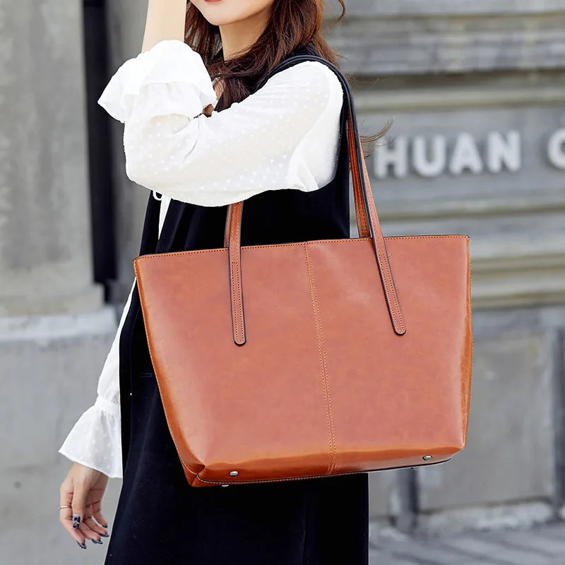Vintage Oil Wax Leather Handbags For Women High Capcaity Shoulder Bags