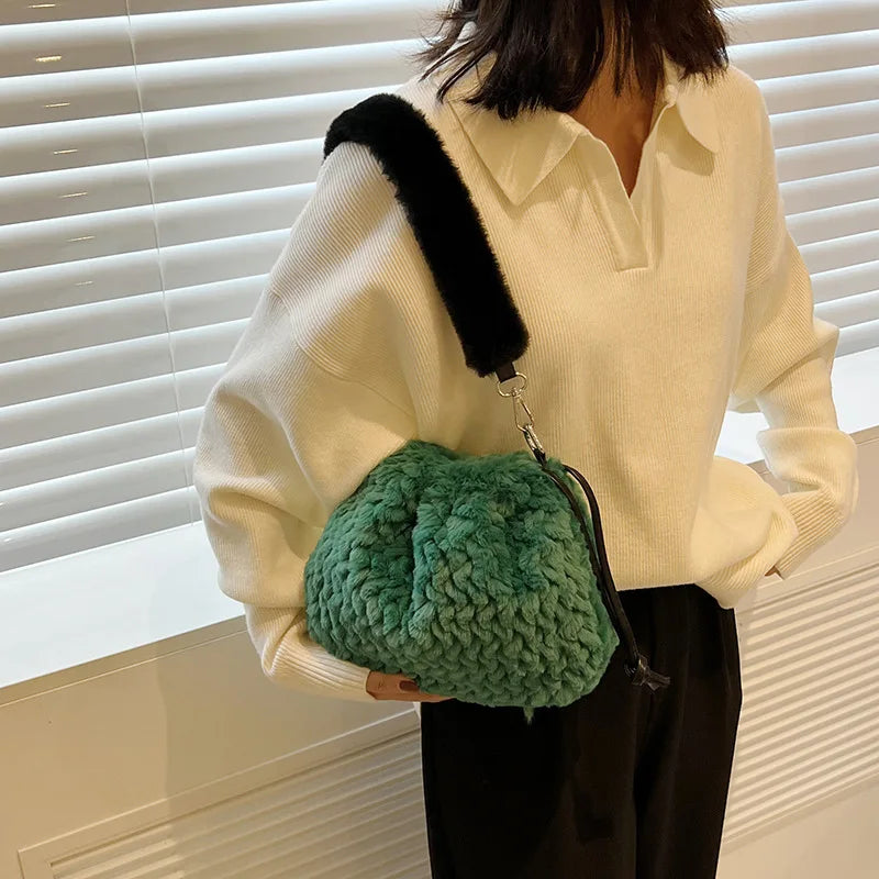 Winter Faux Fur Women Tote Bag Large Handbag Bucket Shoulder Bag