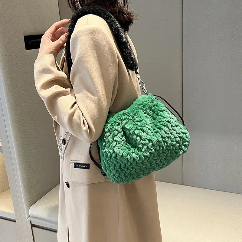 Winter Faux Fur Women Tote Bag Large Handbag Bucket Shoulder Bag
