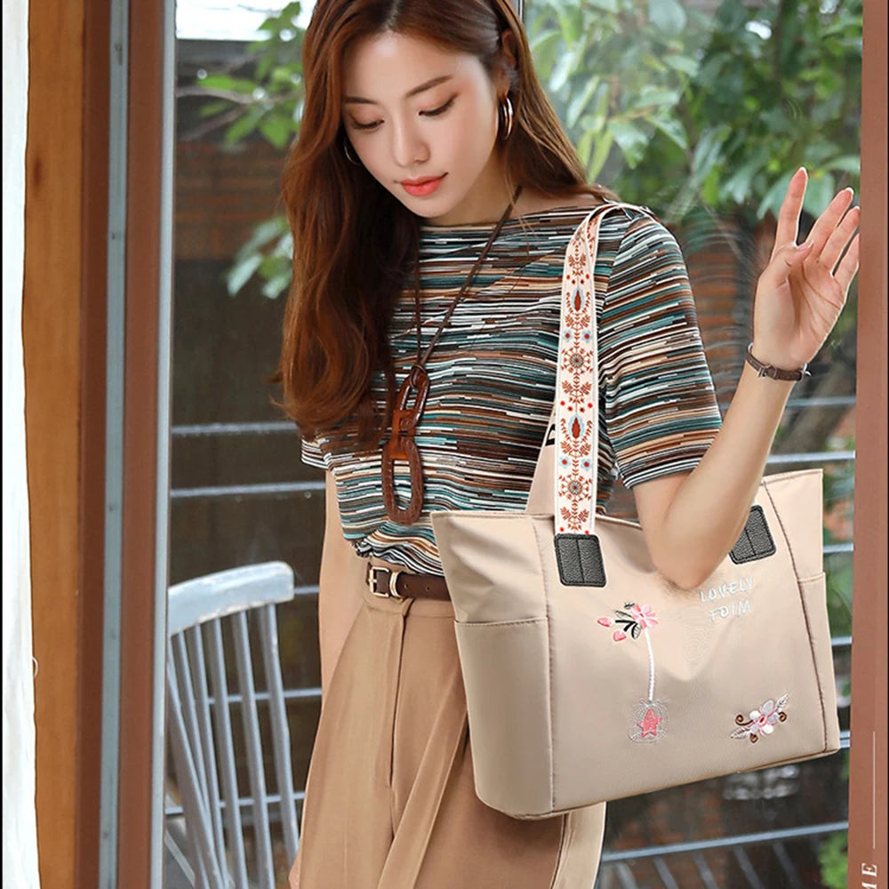 Spring Female Canvas Embroidery Shoulder Bag Environmental Storage Handbag