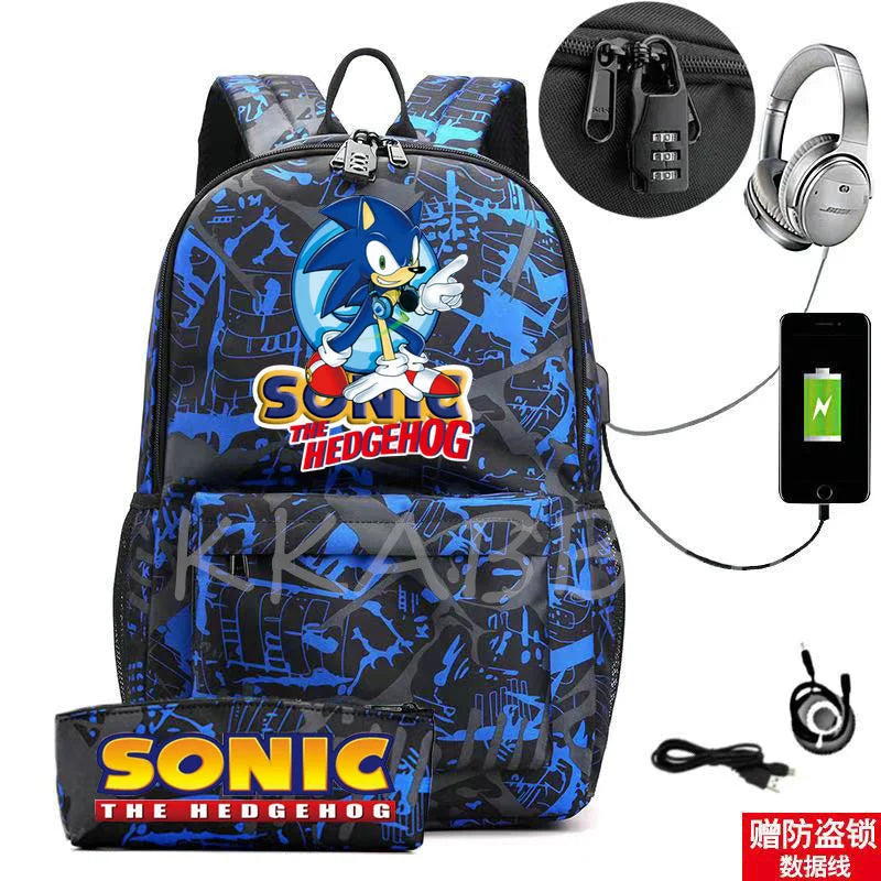 Men School Backpack for Teenage 2pcs USB School Bag Canvas Middle Junior High Co