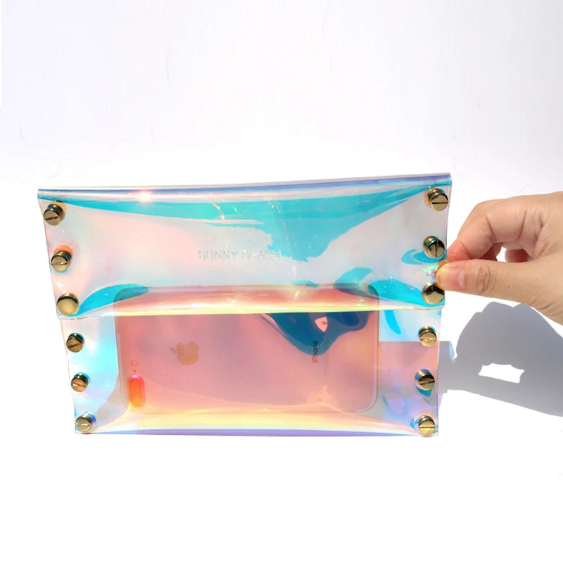 Holographic Rivet Laser Envelope Bag for Women, Clear Clutch Purse