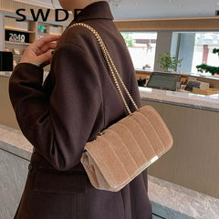 Vintage Velvet Shoulder Bag Small Satchel Crossbody Tote Golden