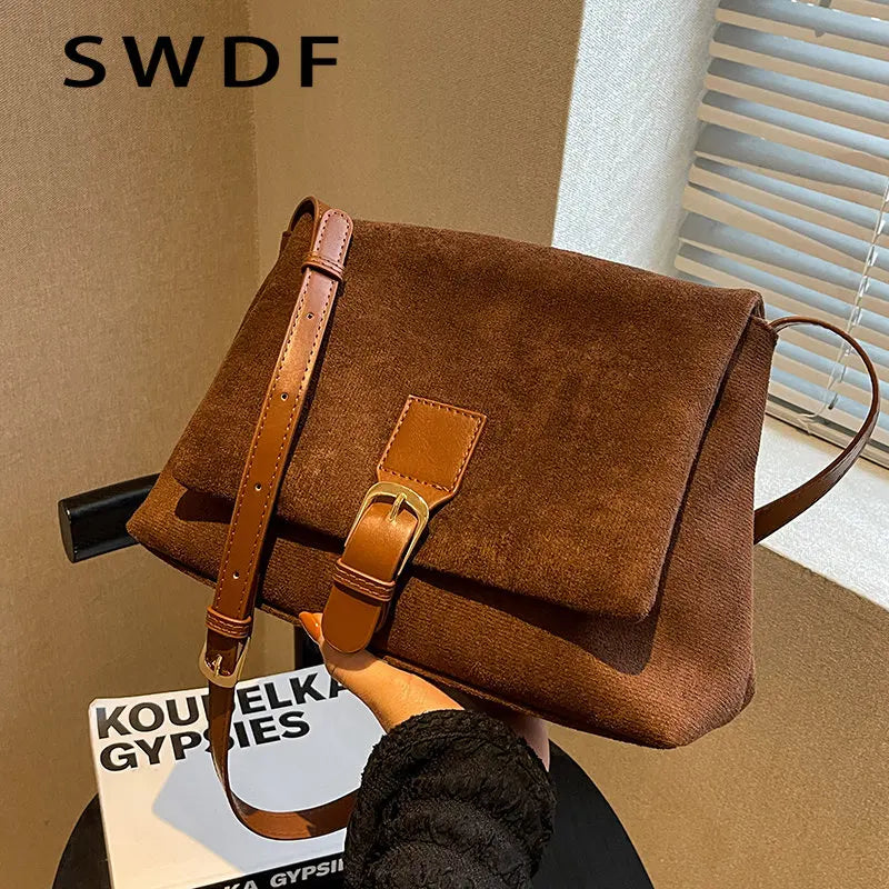 Vintage Suede Shoulder Crossbody Bag Ladies Totes Shopping Bag