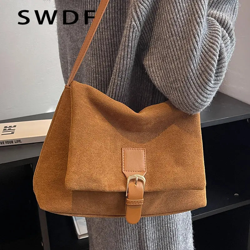 Vintage Suede Shoulder Crossbody Bag Ladies Totes Shopping Bag