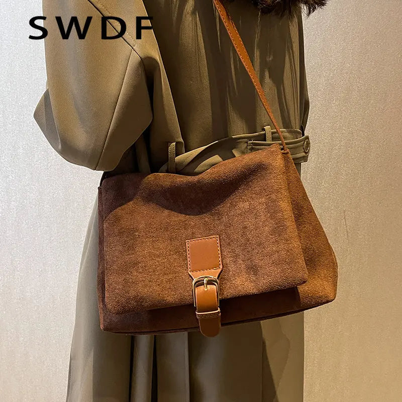 Vintage Suede Shoulder Crossbody Bag Ladies Totes Shopping Bag