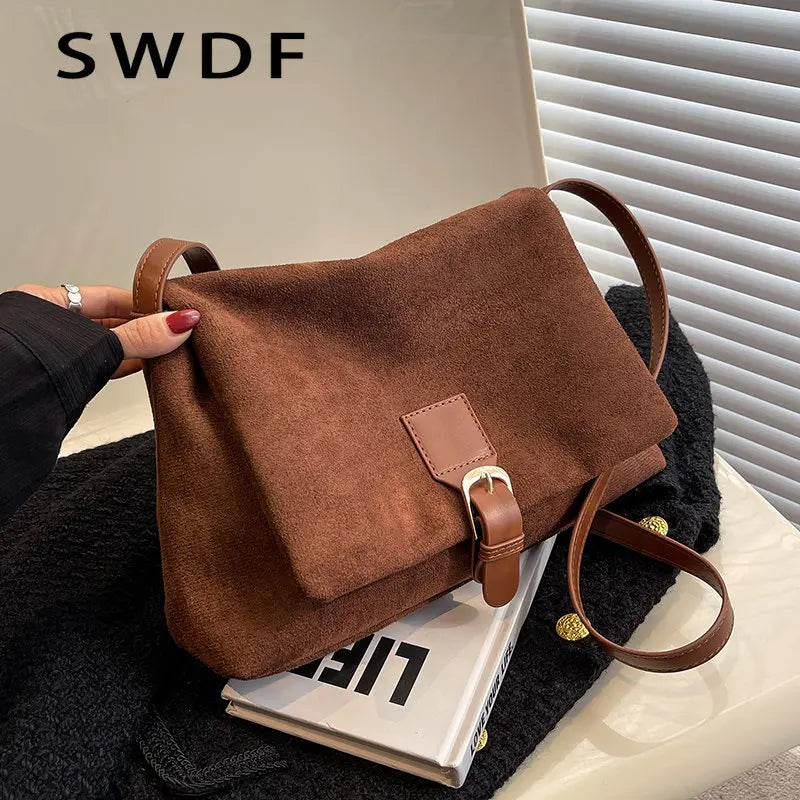 Vintage Suede Shoulder Crossbody Bag Ladies Totes Shopping Bag
