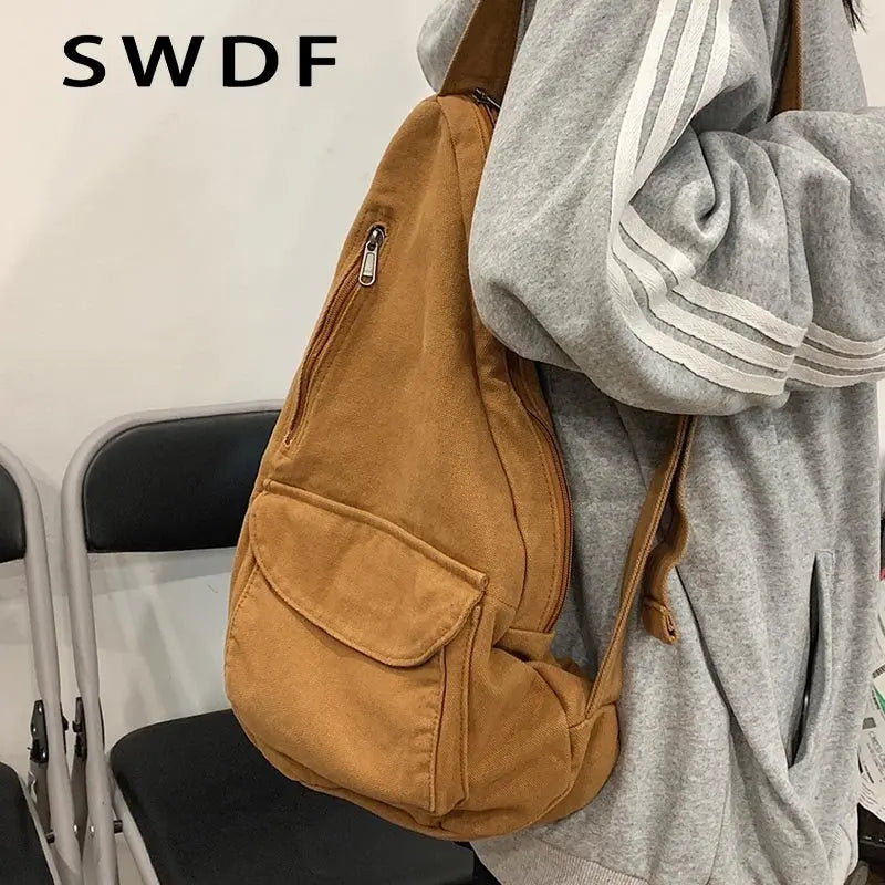 Canvas Crossbody Female Bag Solid Color High Quality Ladies Chest Bag