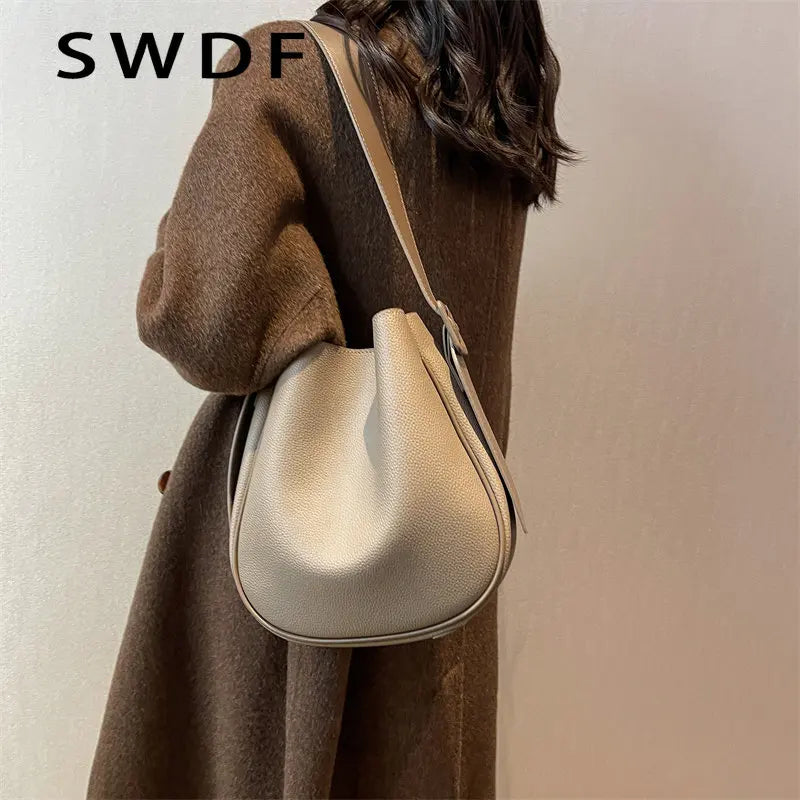Vintage Small Leather Crossbody Bucket Bag for Women