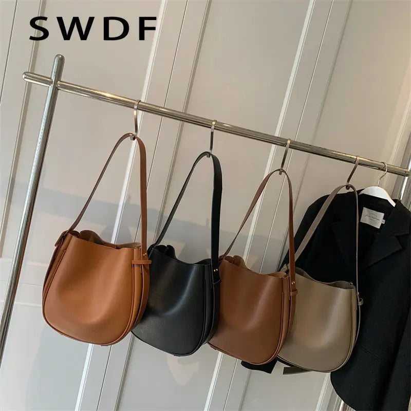 Vintage Small Leather Crossbody Bucket Bag for Women