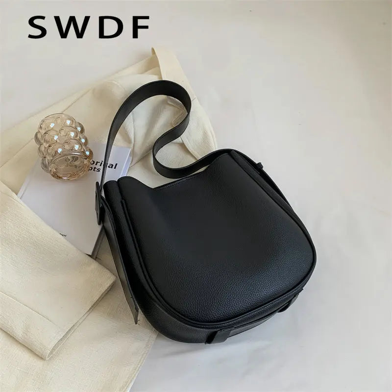 Vintage Small Leather Crossbody Bucket Bag for Women