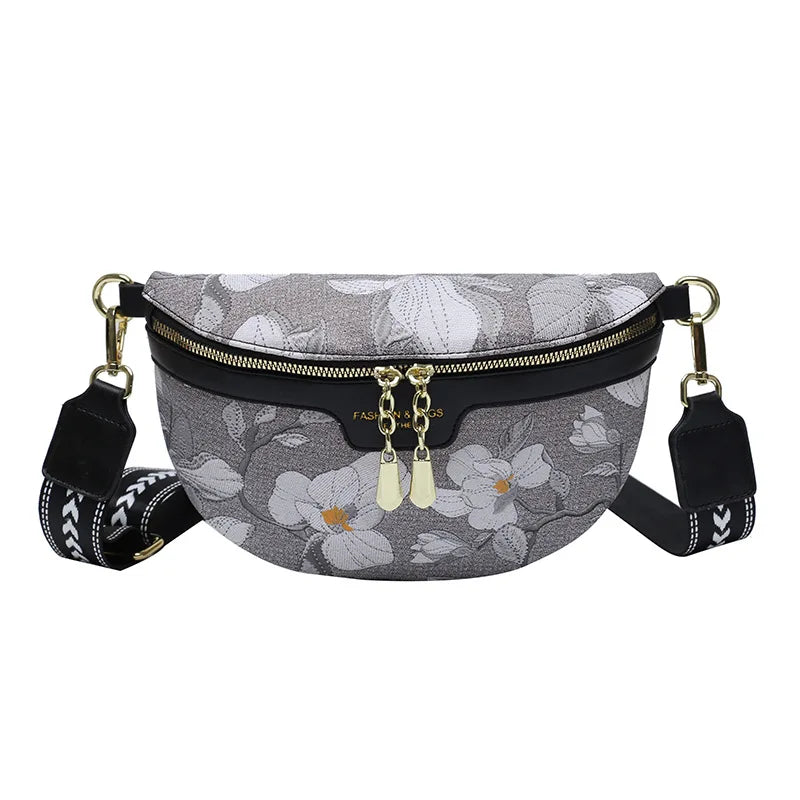 Flower Print PU Leather Waist Bag for Women Chain Zipper Fanny Pack