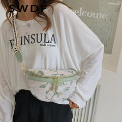 Flower Print PU Leather Waist Bag for Women Chain Zipper Fanny Pack