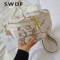 Flower Print PU Leather Waist Bag for Women Chain Zipper Fanny Pack