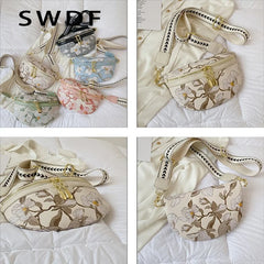 Flower Print PU Leather Waist Bag for Women Chain Zipper Fanny Pack