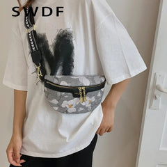 Flower Print PU Leather Waist Bag for Women Chain Zipper Fanny Pack