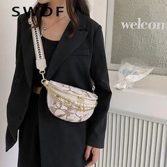Flower Print PU Leather Waist Bag for Women Chain Zipper Fanny Pack