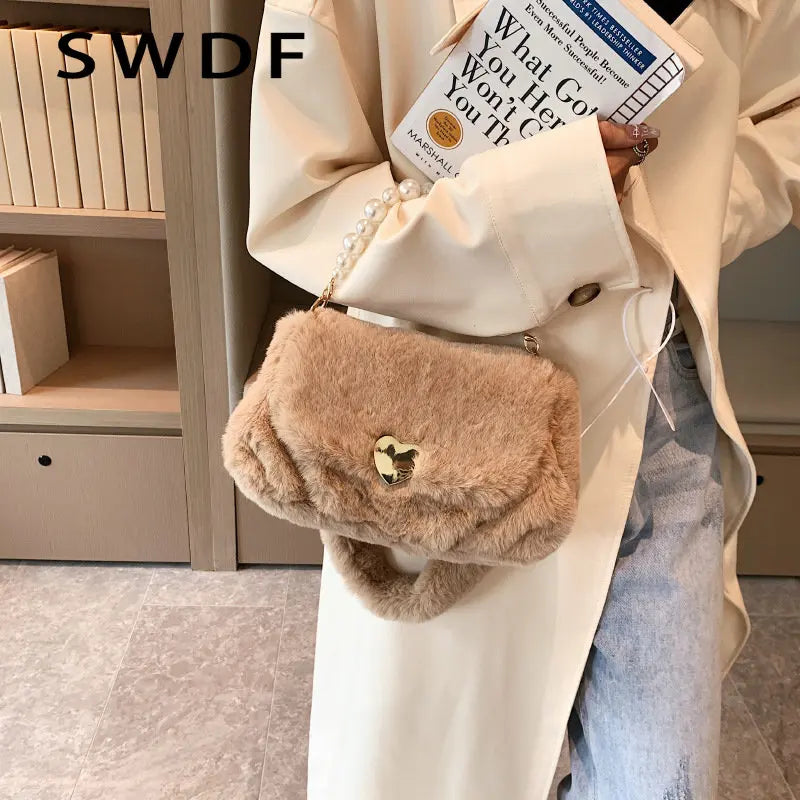 Soft Plush Women Shoulder Bag Faux Fur Small Tote Warm Winter Purse
