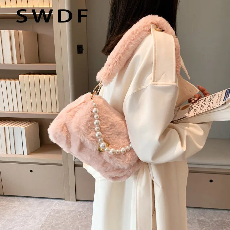 Soft Plush Women Shoulder Bag Faux Fur Small Tote Warm Winter Purse