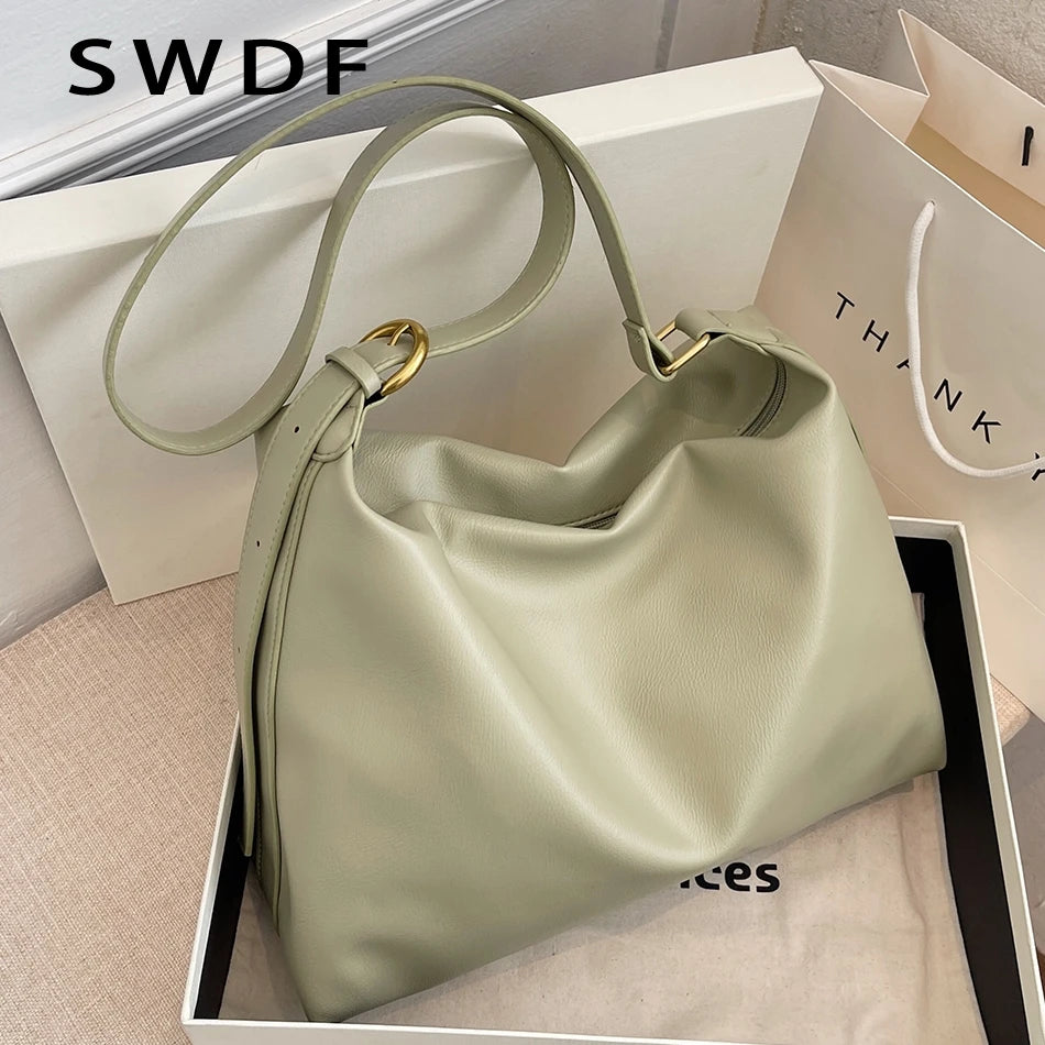 Solid PU Leather Women Shoulder Bag Large Capacity Lady Crossbody Bag