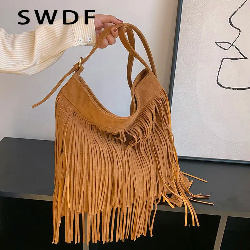 Suede Tassel Crossbody Shoulder Bag Large Capacity for Ladies