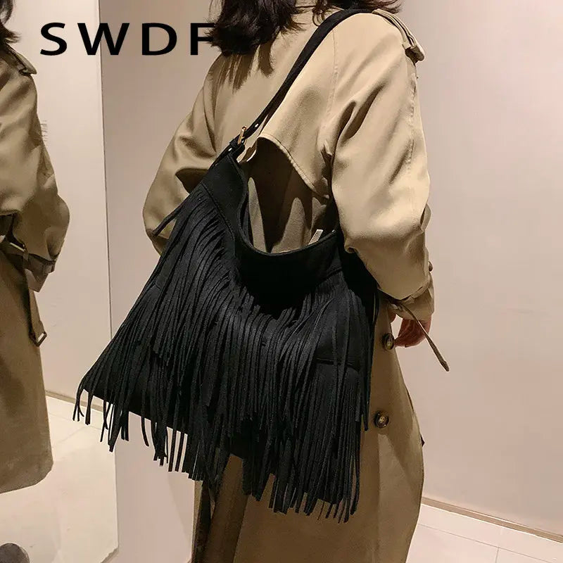 Suede Tassel Crossbody Shoulder Bag Large Capacity for Ladies